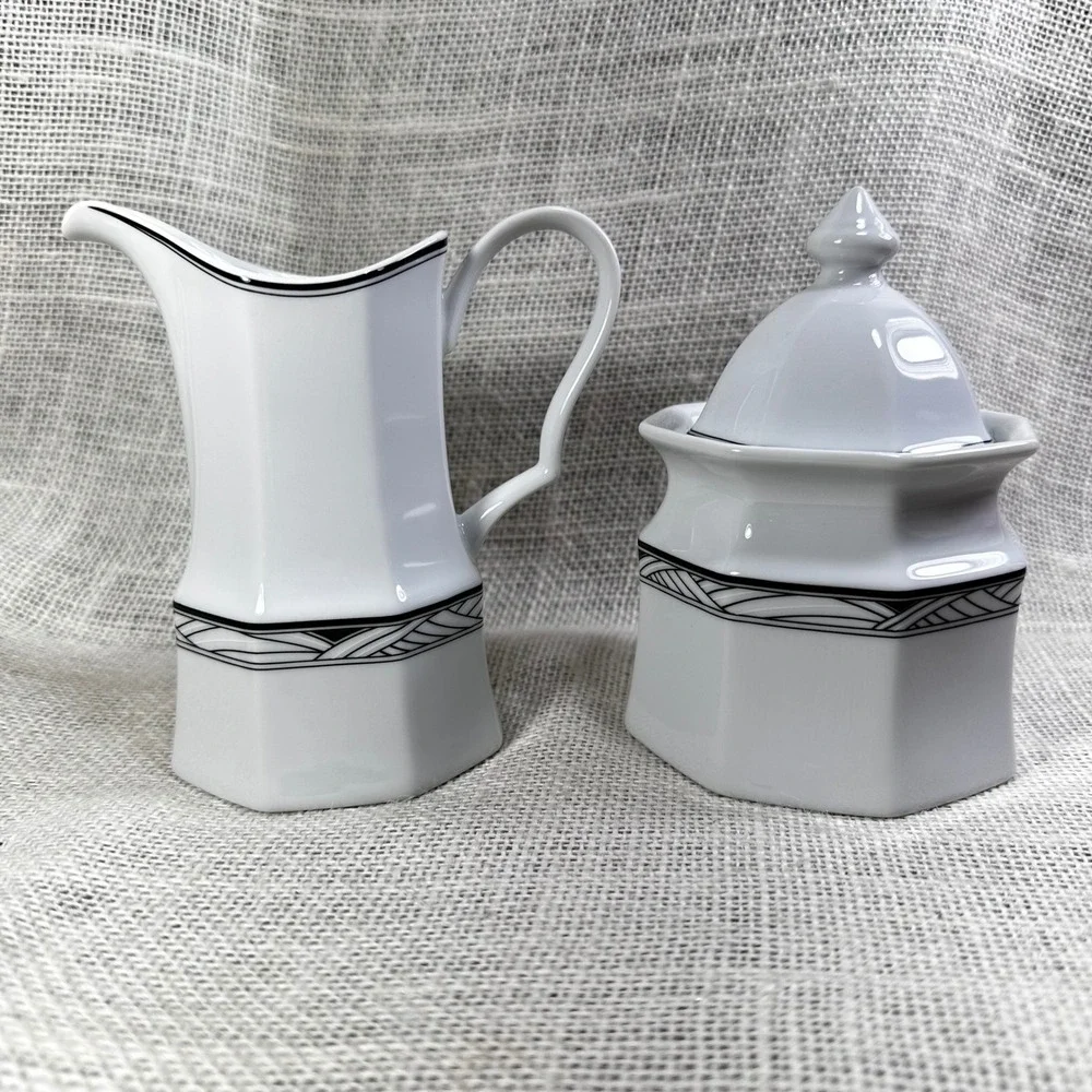 Studio Nova Synthesis Y0031 Creamer and Sugar Bowl Set White Black Art Dec Style